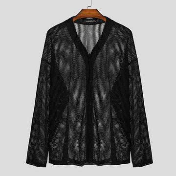 AIDASE  -  Men Shirt Hollow Out See Through V Neck Long Sleeve Men Clothing Streetwear Solid 2025 Loose Tops Casual Male Shirts aidase-shop